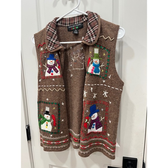 Hampshire Studio SNOW Women's Brown Snowman Ugly Christmas Sweater Vest Size M - Picture 3 of 12
